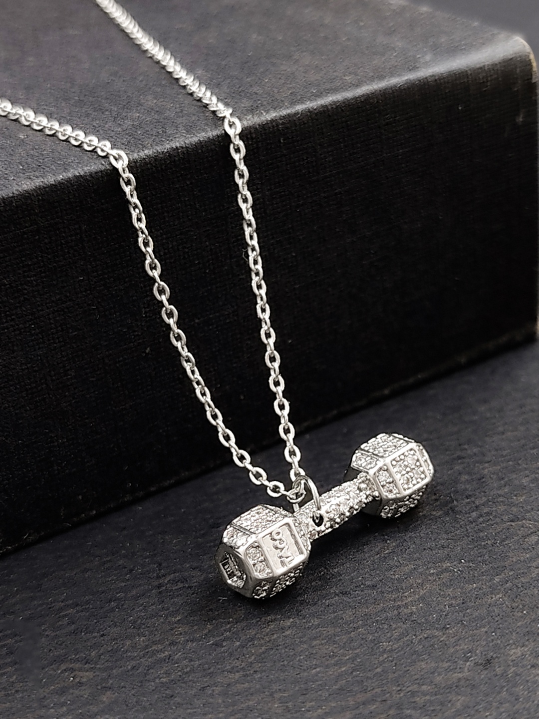 

Saizen Silver-Plated Stone-Studded Dumbbell Shaped Pendant With Chain