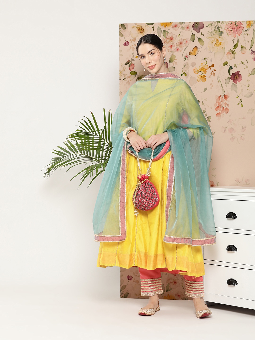 

Inddus Women Gotta Patti Chanderi Cotton Kurta With Trousers & Dupatta, Yellow