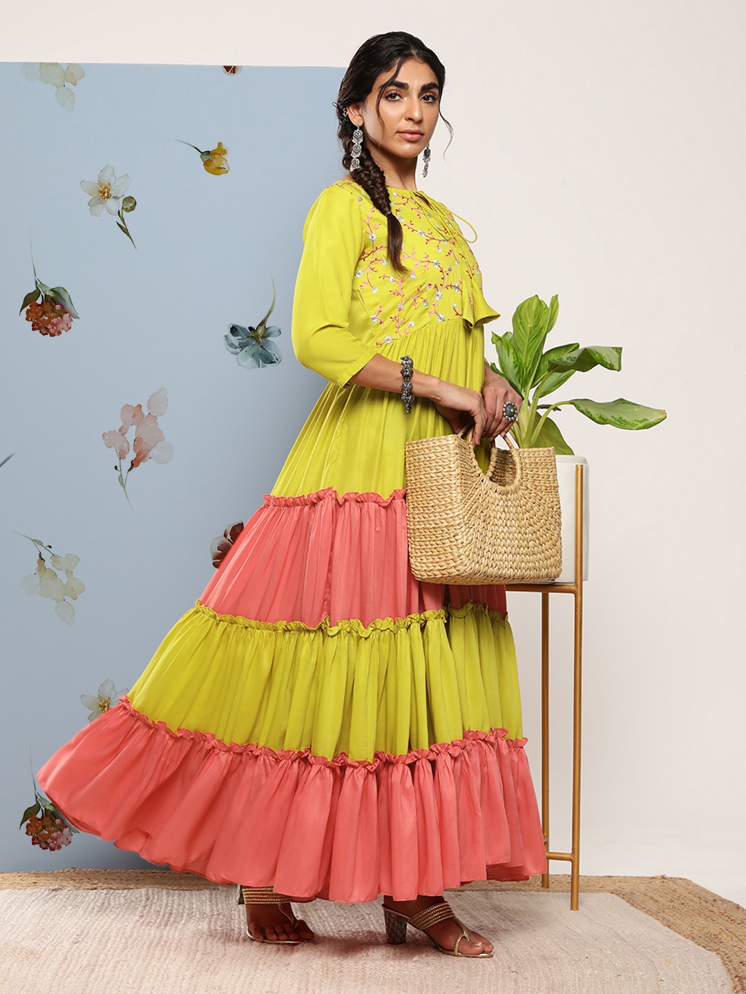 

Inddus Green & Pink Colourblocked Colourblocked Tie-Up Neck Ethnic Maxi Dress