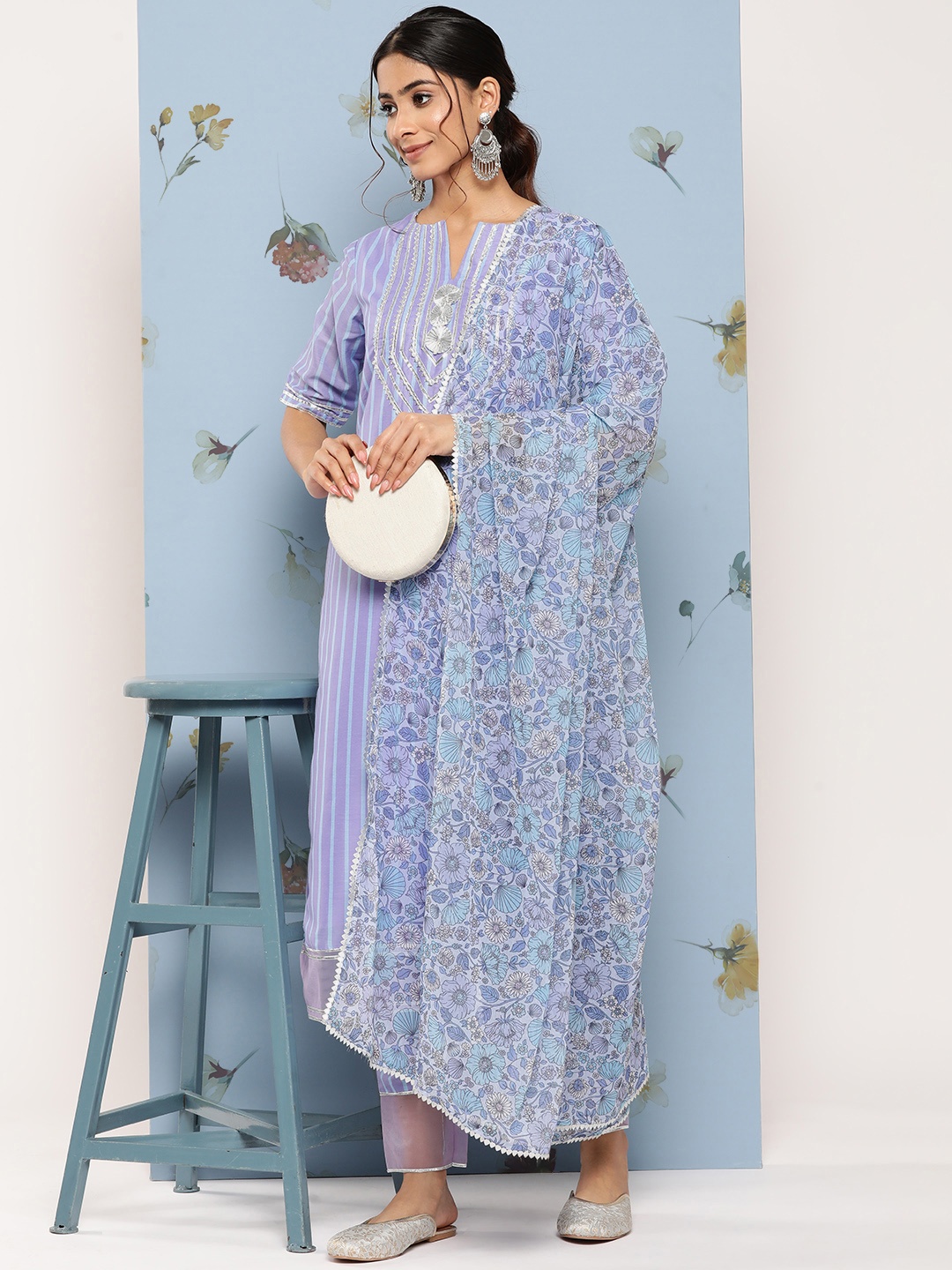 

Inddus Yoke Design Regular Gotta Patti Kurta With Trousers & Dupatta, Violet