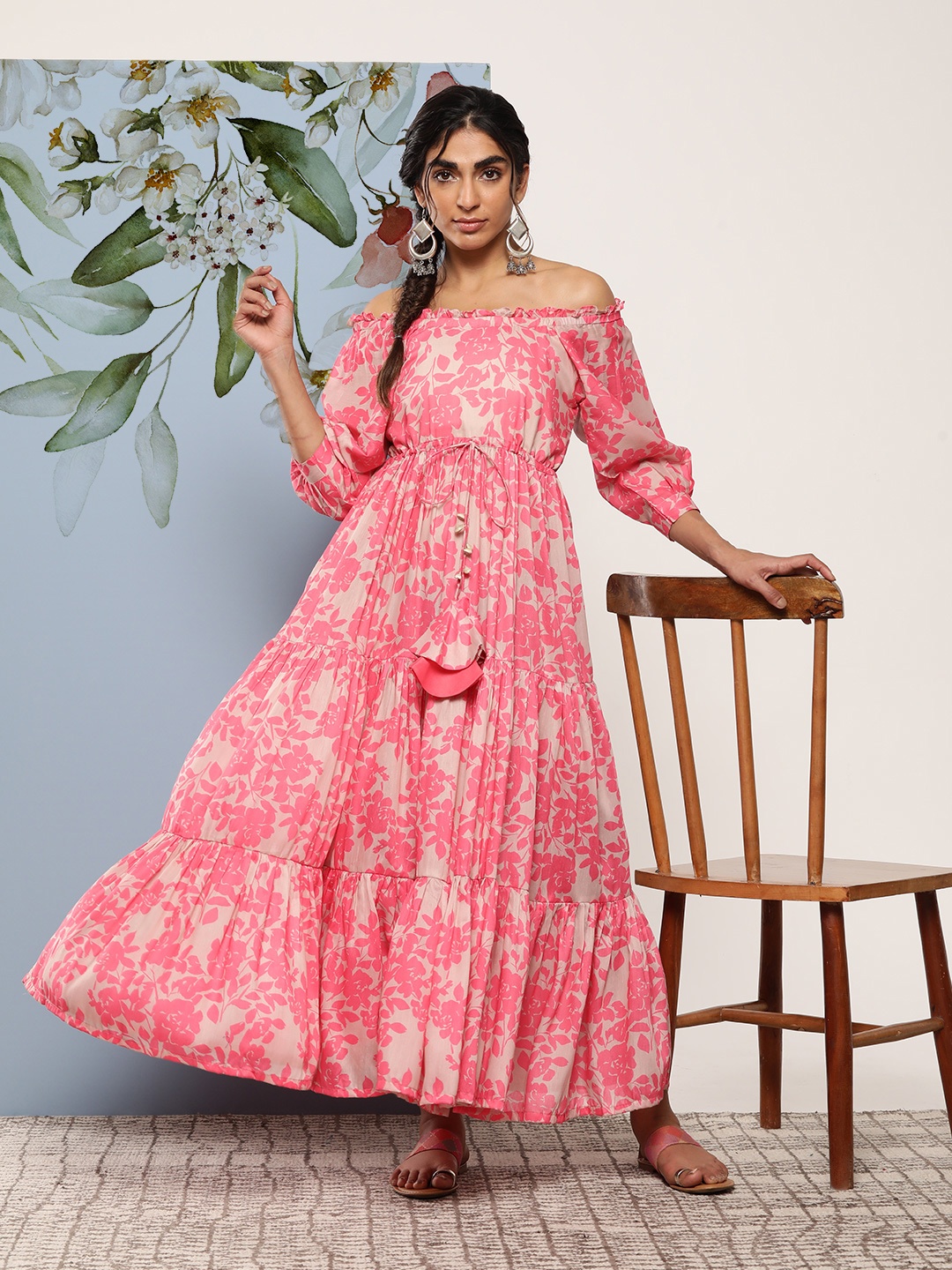 

Inddus Floral Printed Tie-Ups Off-Shoulder Maxi Dress, Beige