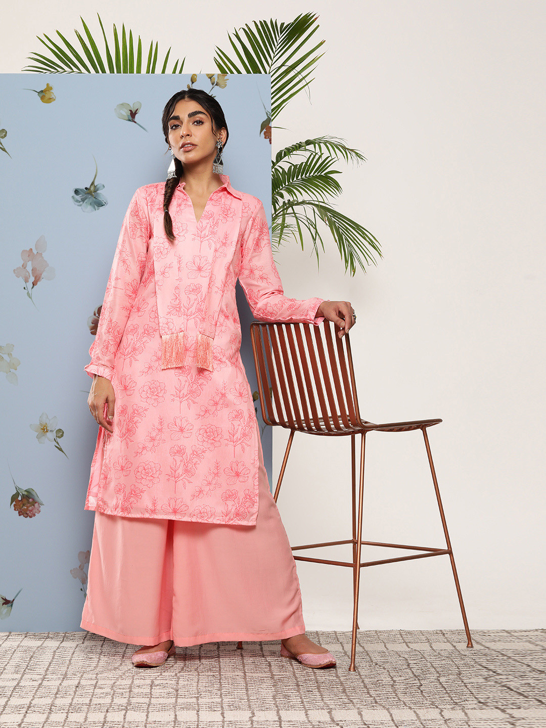 

Inddus Women Floral Printed Kurta With Palazzos, Pink