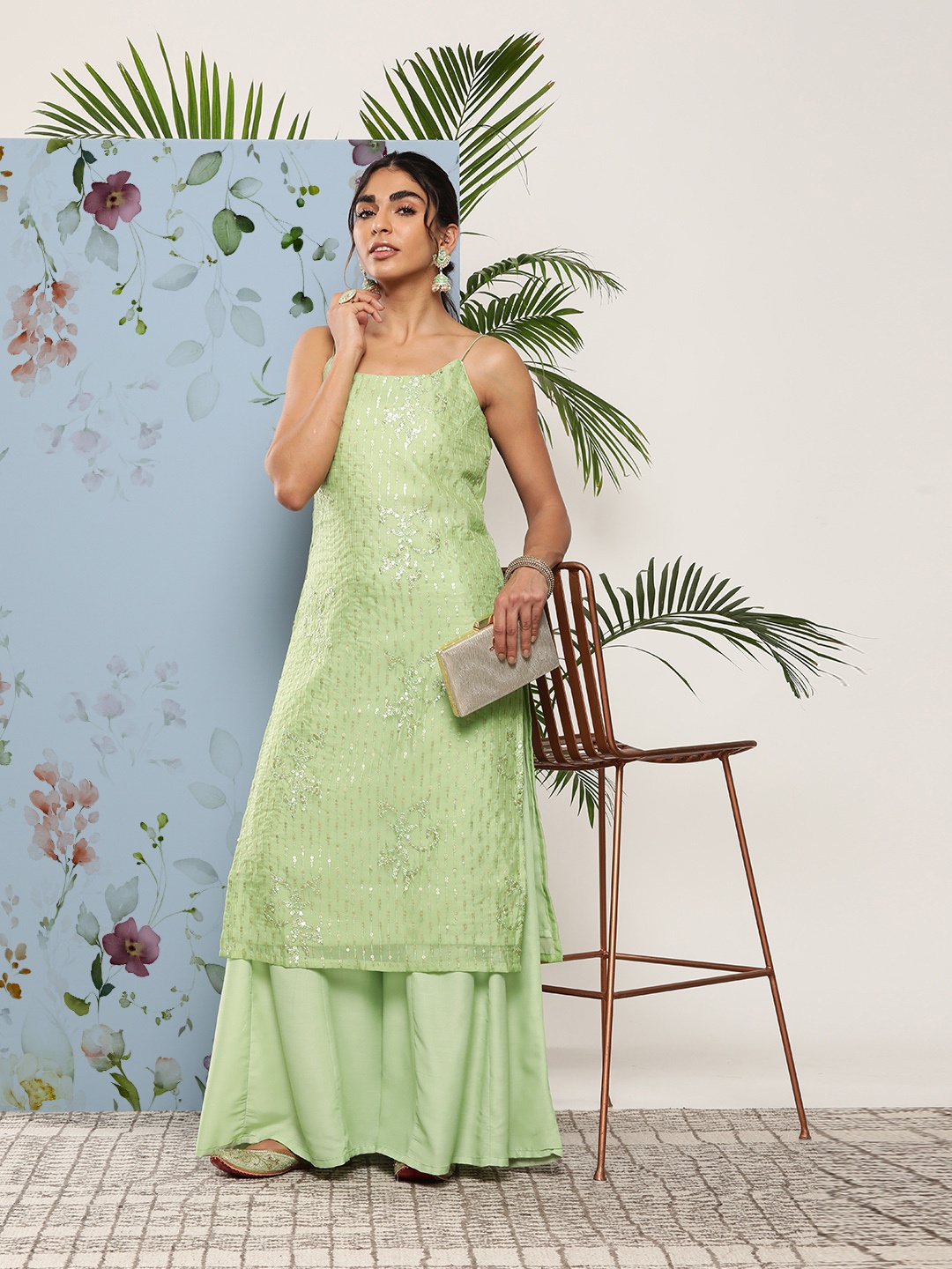 

Inddus Women Embroidered Sequinned Kurta With Palazzos, Green