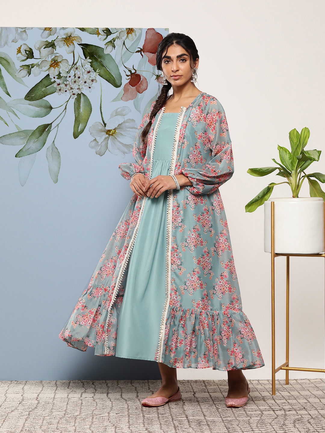 

Inddus Pleated Fit & Flare Ethnic Maxi Dress, Blue