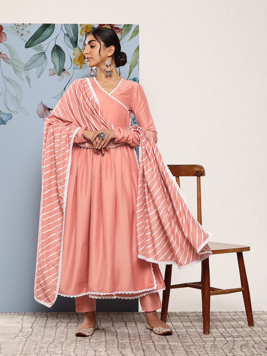 

Inddus Women Leheriya Angrakha Kurta With Trousers & Dupatta, Coral