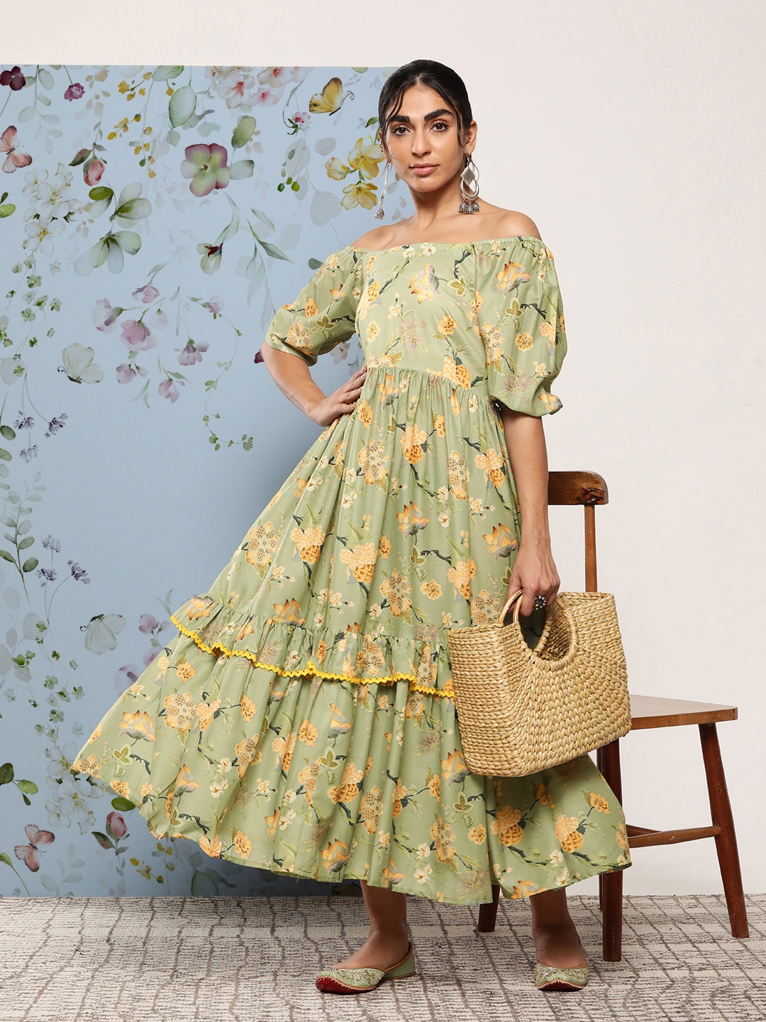 

Inddus Floral Off-Shoulder Tiered Maxi Dress, Green
