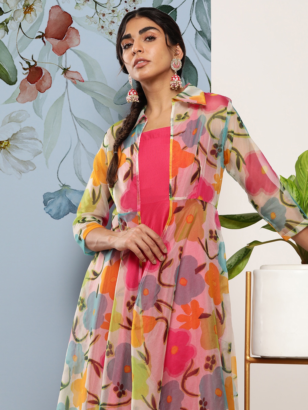 

Inddus Women Solid A-Line Kurta With Trousers & With Jacket, Pink
