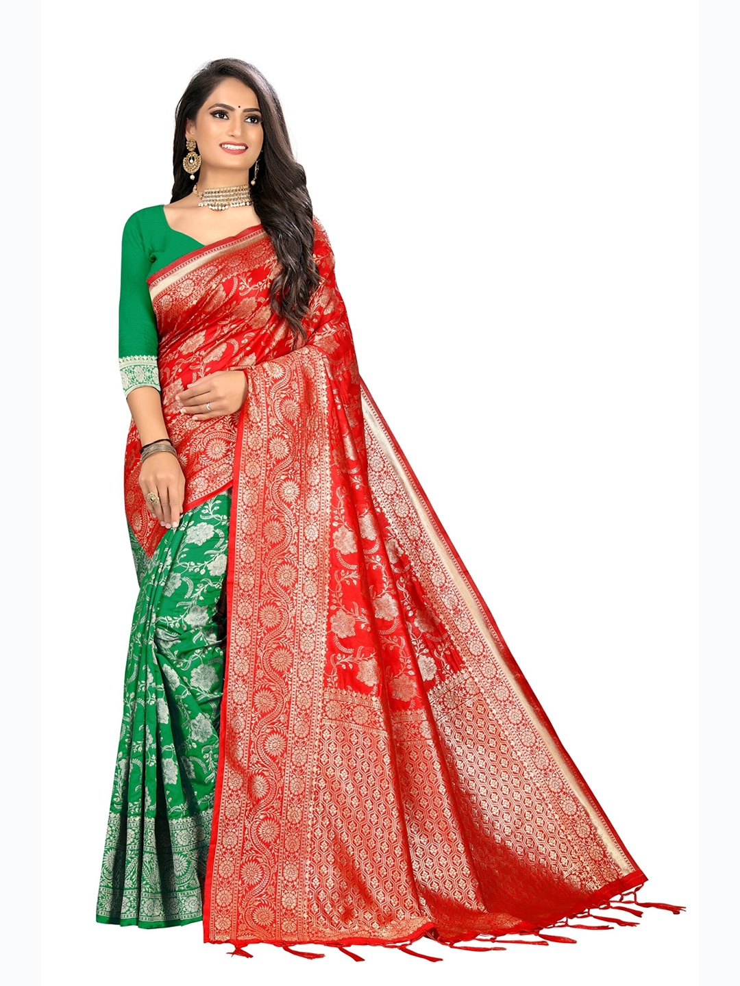 

eshami Red & Green Woven Design Zari Silk Blend Half and Half Saree