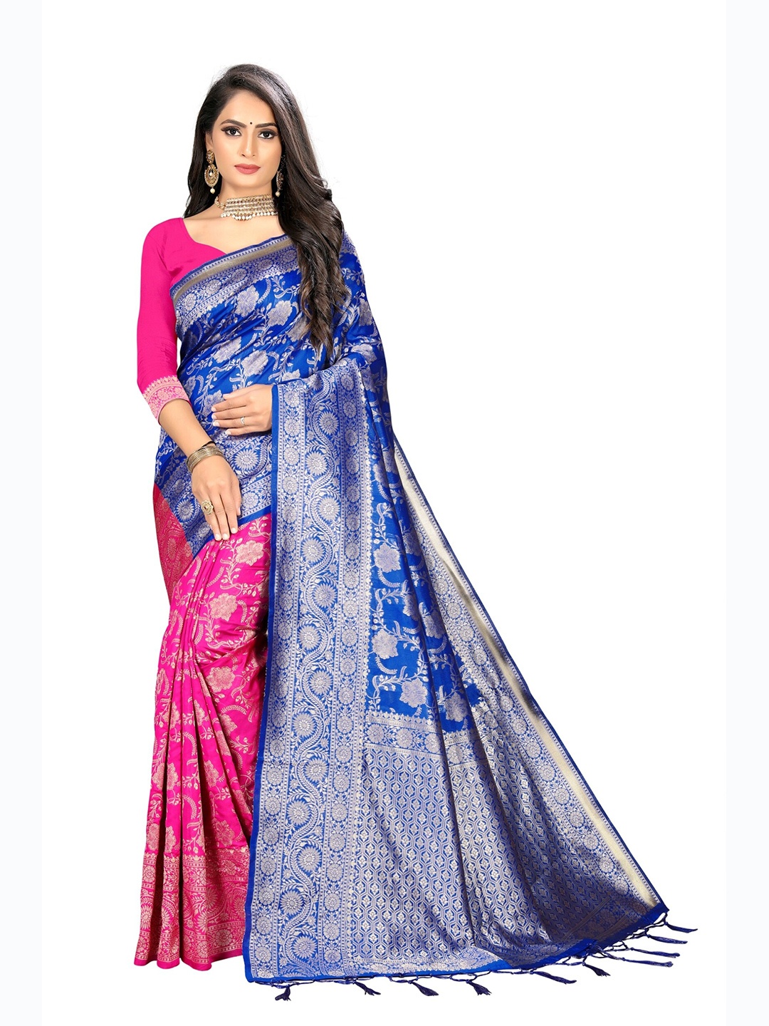 

eshami Blue & Pink Woven Design Zari Silk Blend Saree