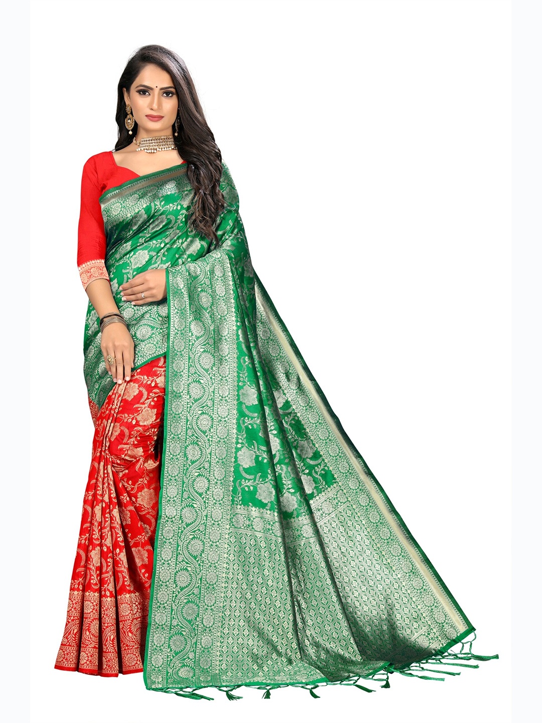 

eshami Green & Green Woven Design Zari Silk Blend Half and Half Saree