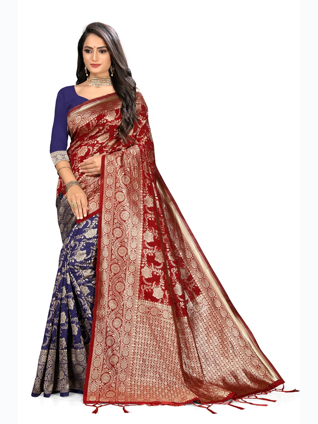 

eshami Maroon & Navy Blue Woven Design Zari Silk Blend Half and Half Saree