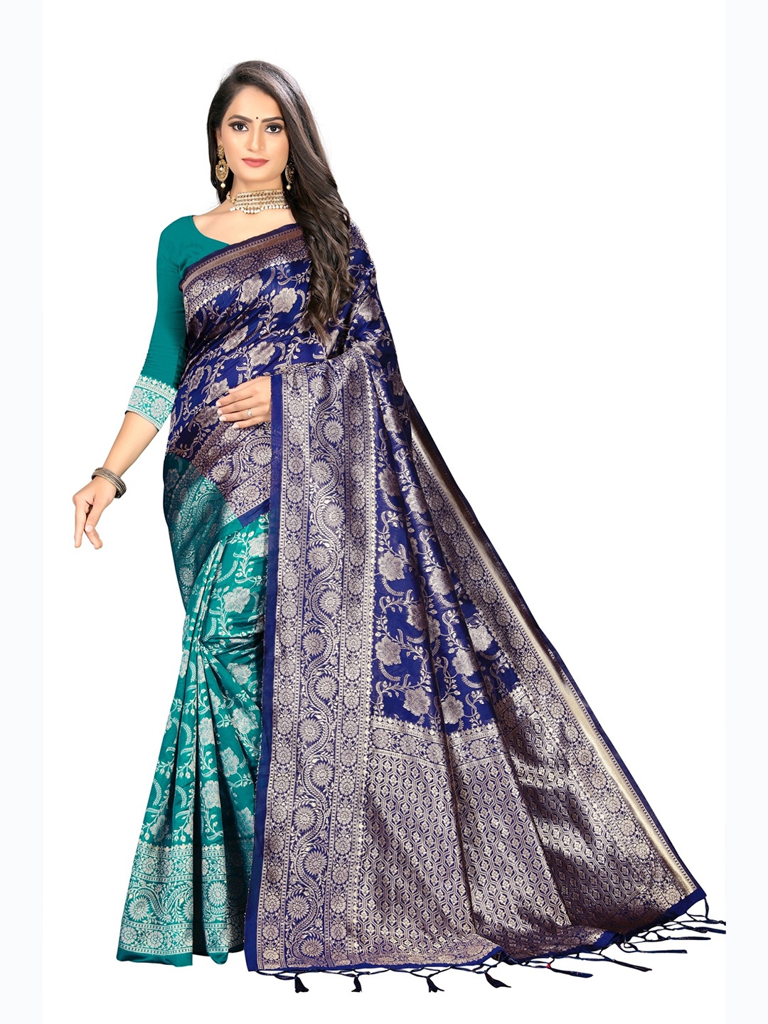 

eshami Navy Blue & Sea Green Woven Design Zari Silk Blend Half and Half Saree