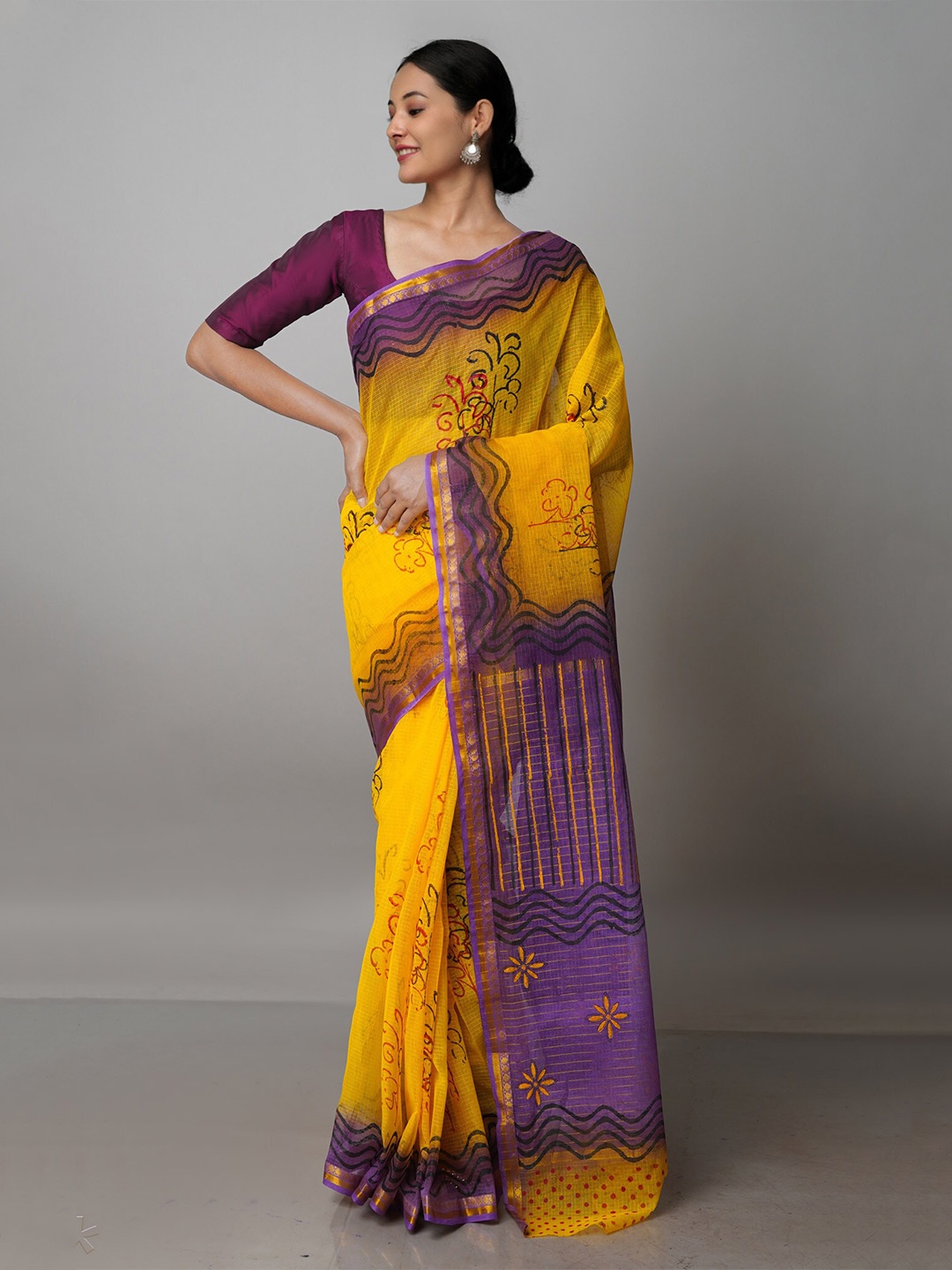 

Unnati Silks Ethnic Motifs Printed Zari Pure Cotton Kota Saree, Yellow