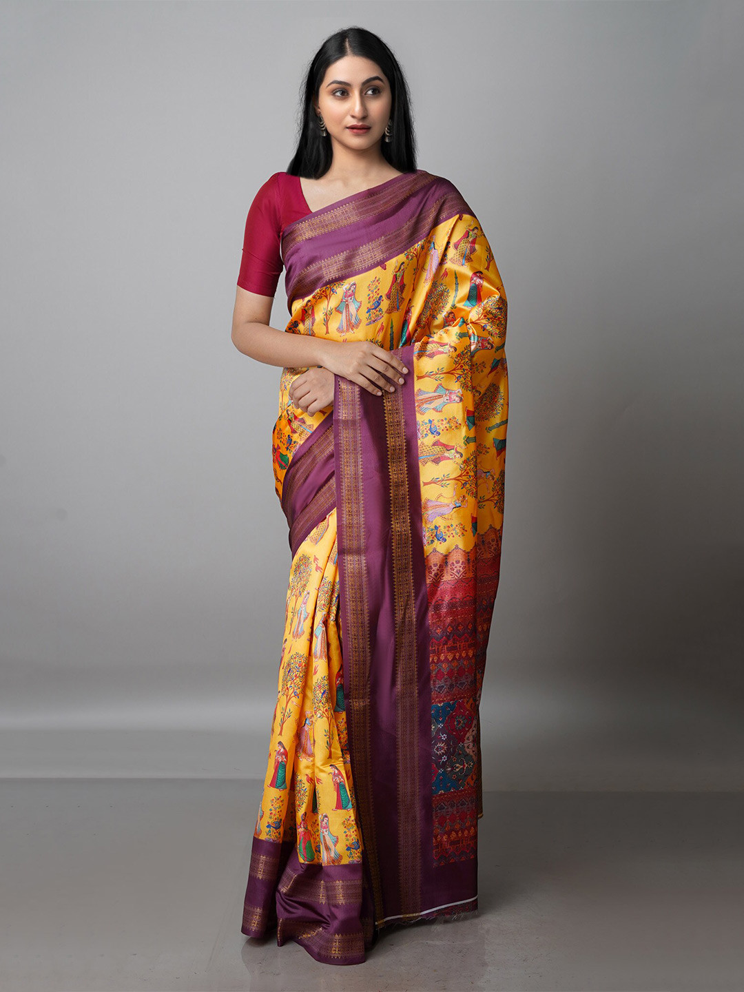 

Unnati Silks Kalamkari Zari Silk Blend Block Print Saree, Yellow