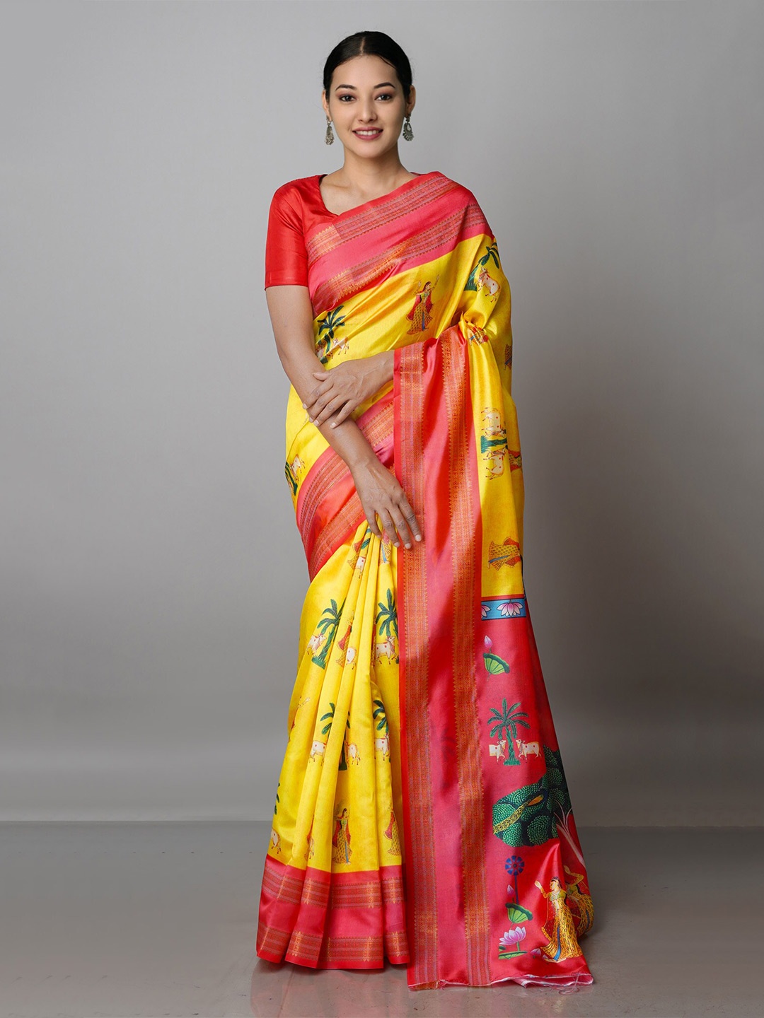 

Unnati Silks Kalamkari Zari Silk Blend Block Print Saree, Yellow