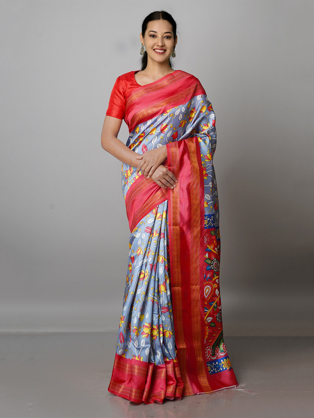 

Unnati Silks Kalamkari Printed Zari Block Print Saree, Grey