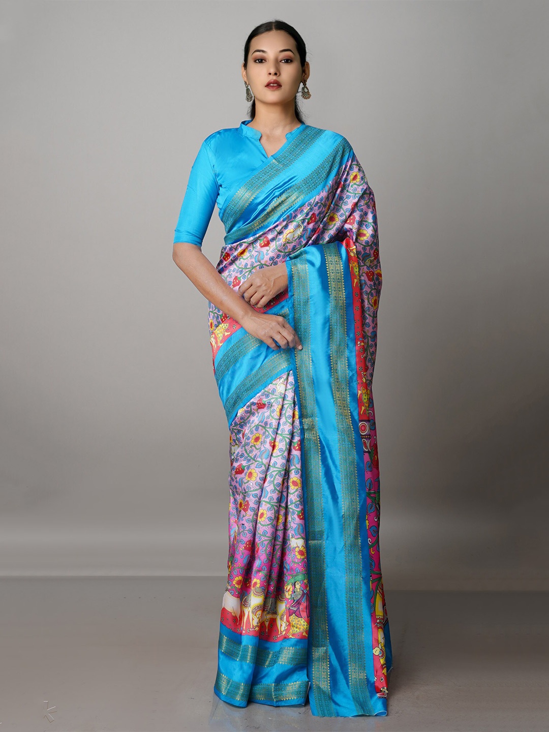 

Unnati Silks Kalamkari Zari Silk Blend Block Print Saree, Pink