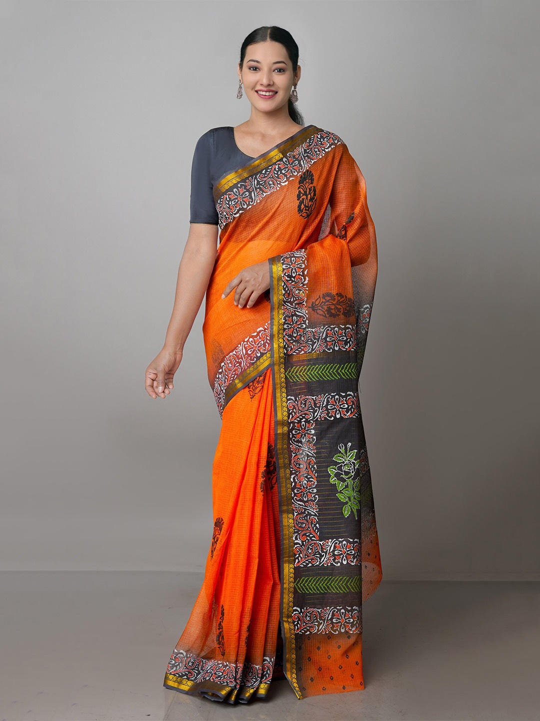 

Unnati Silks Ethnic Motifs Zari Pure Cotton Kota Saree, Orange