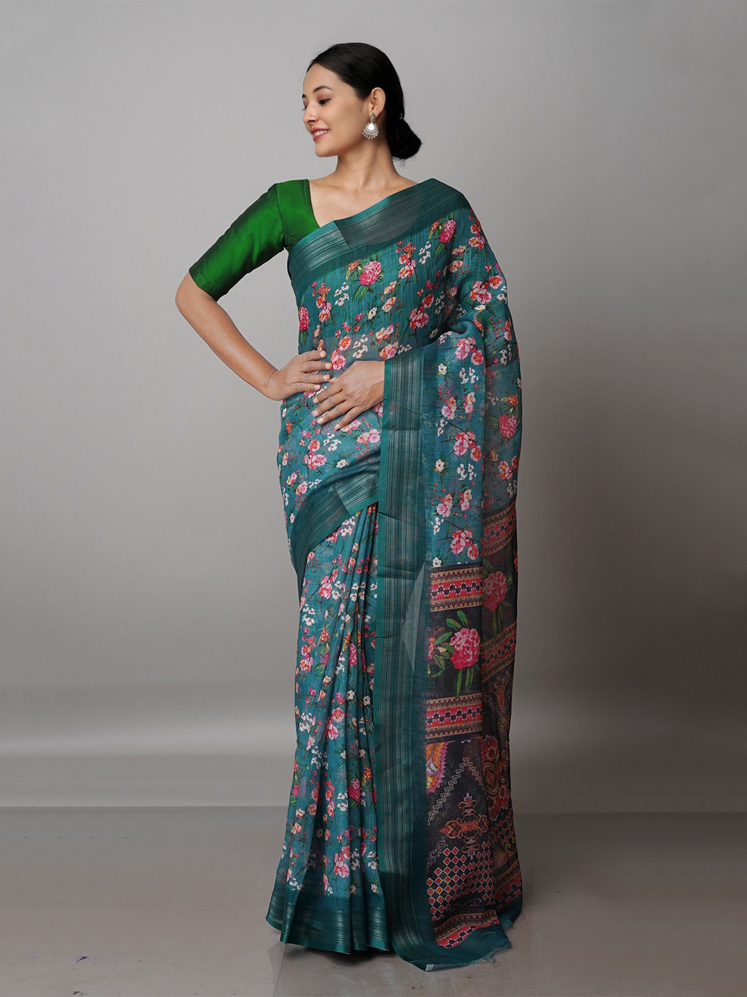 

Unnati Silks Floral Printed Zari Handloom Jamdani Saree, Green