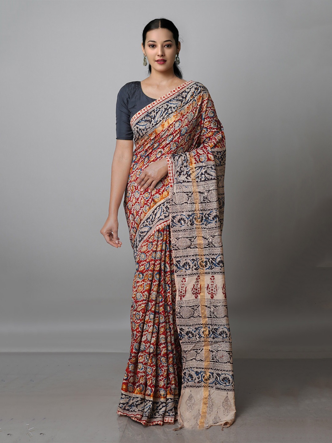 

Unnati Silks Kalamkari Zari Pure Silk Block Print Saree, Red