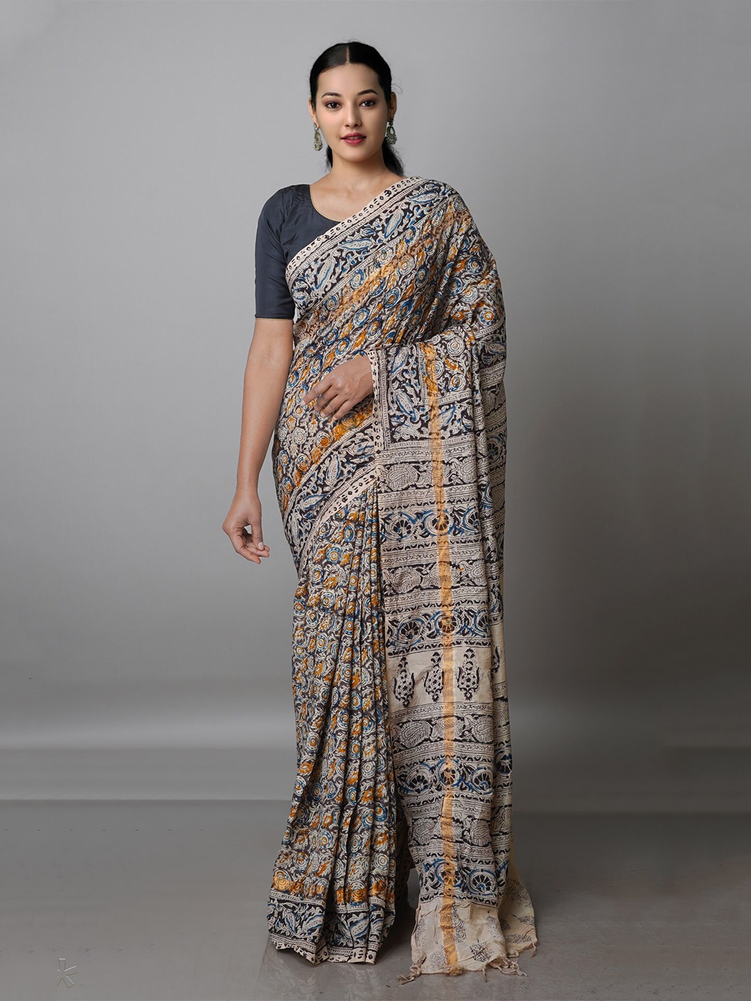 

Unnati Silks Kalamkari Zari Pure Silk Block Print Saree, Black