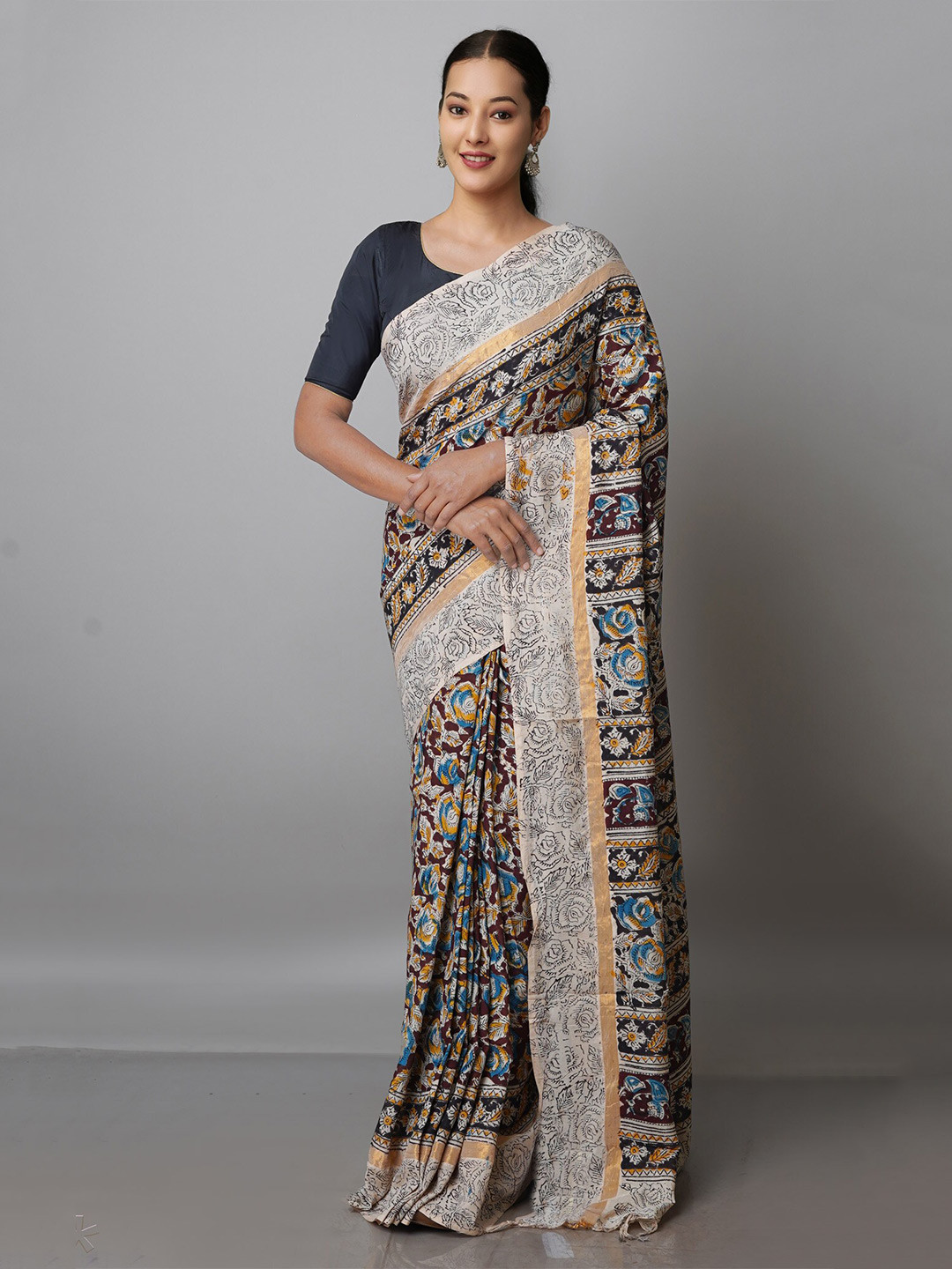 

Unnati Silks Kalamkari Zari Pure Silk Block Print Saree, Blue