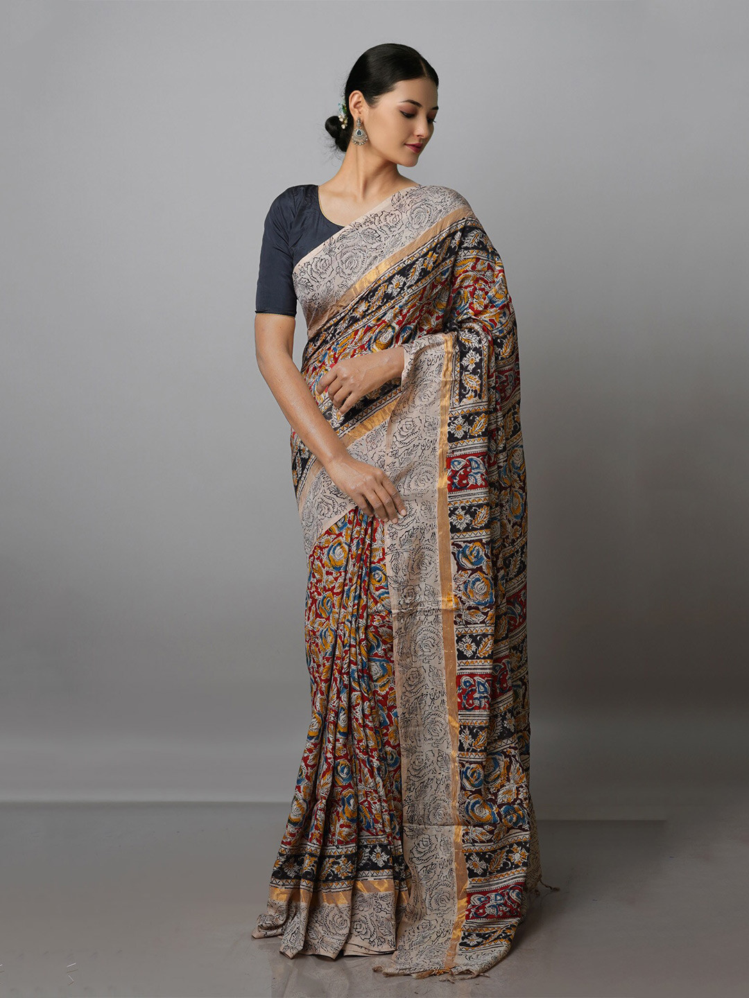 

Unnati Silks Kalamkari Zari Pure Silk Block Print Saree, Blue