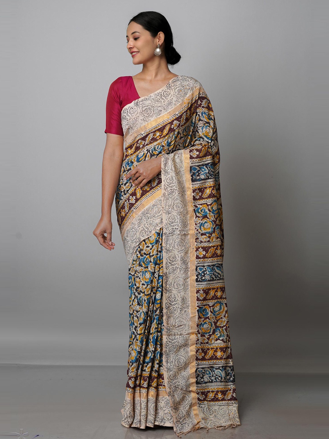 

Unnati Silks Kalamkari Pure Silk Block Print Saree, Cream