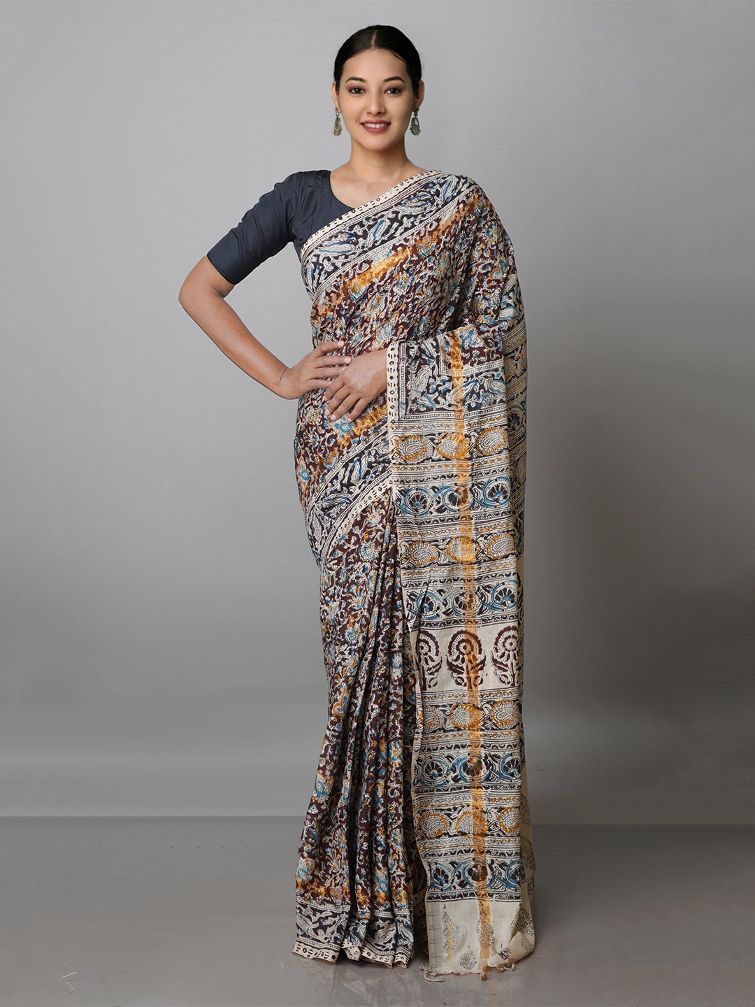 

Unnati Silks Kalamkari Zari Pure Silk Block Print Saree, Blue