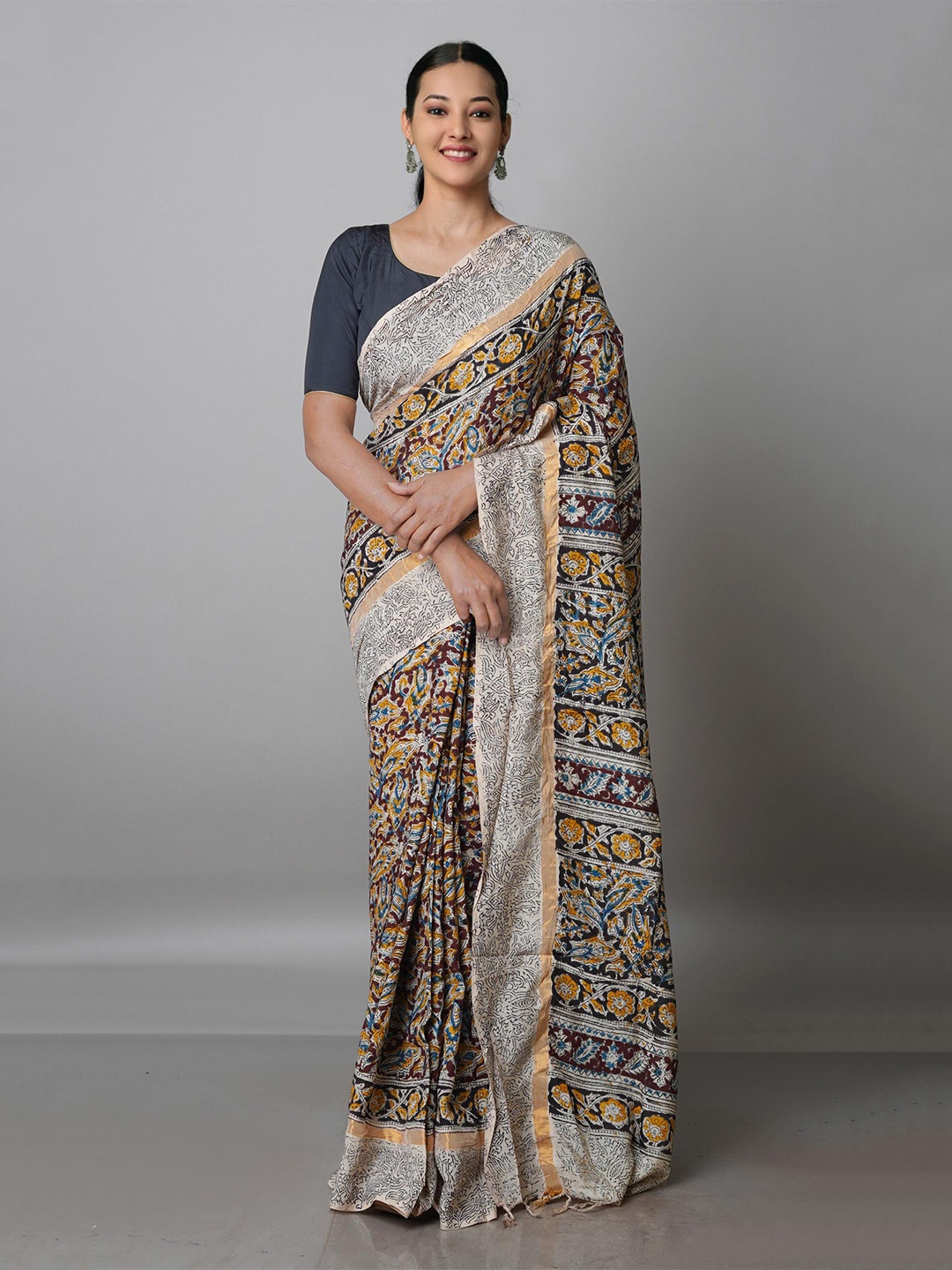 

Unnati Silks Kalamkari Zari Pure Silk Block Print Saree, Cream