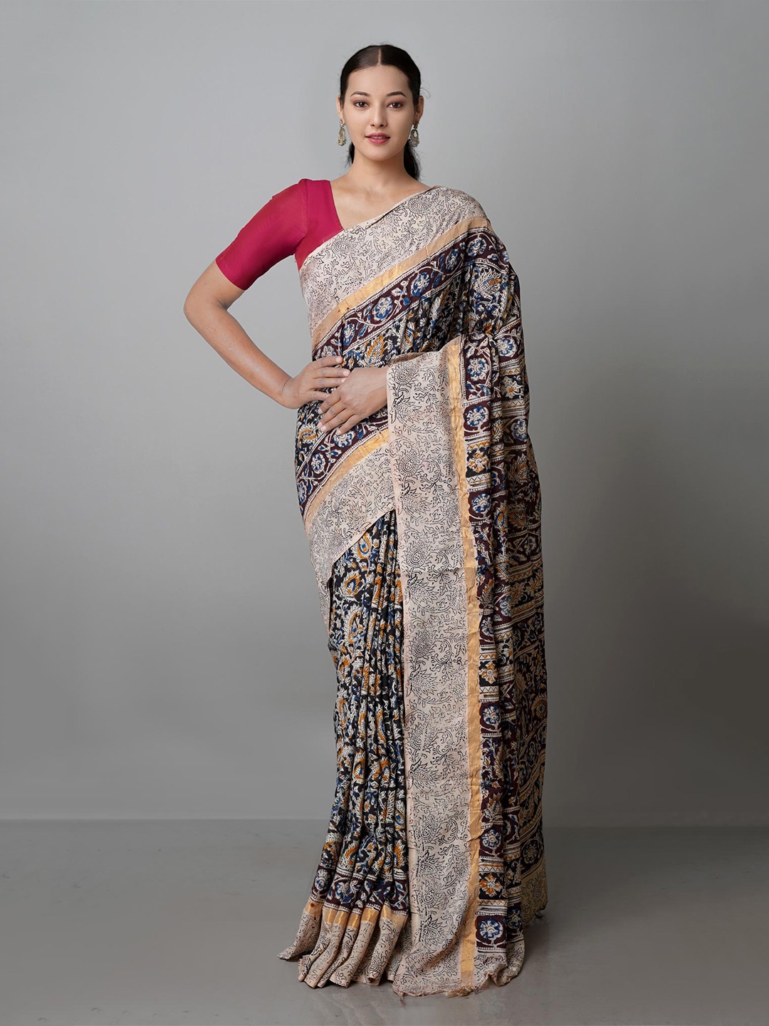 

Unnati Silks Kalamkari Zari Pure Silk Block Print Saree, Blue