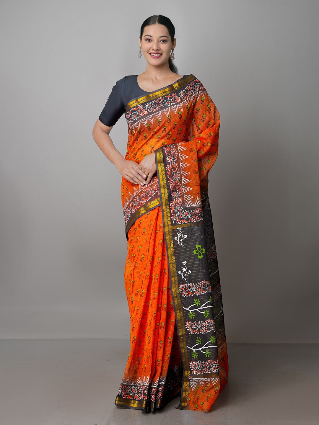 

Unnati Silks Ethnic Motifs Zari Pure Cotton Handloom Kota Saree, Orange