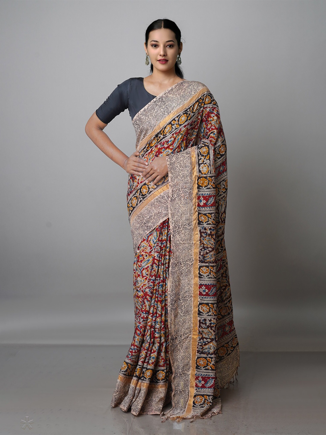 

Unnati Silks Kalamkari Zari Pure Silk Block Print Saree, Red