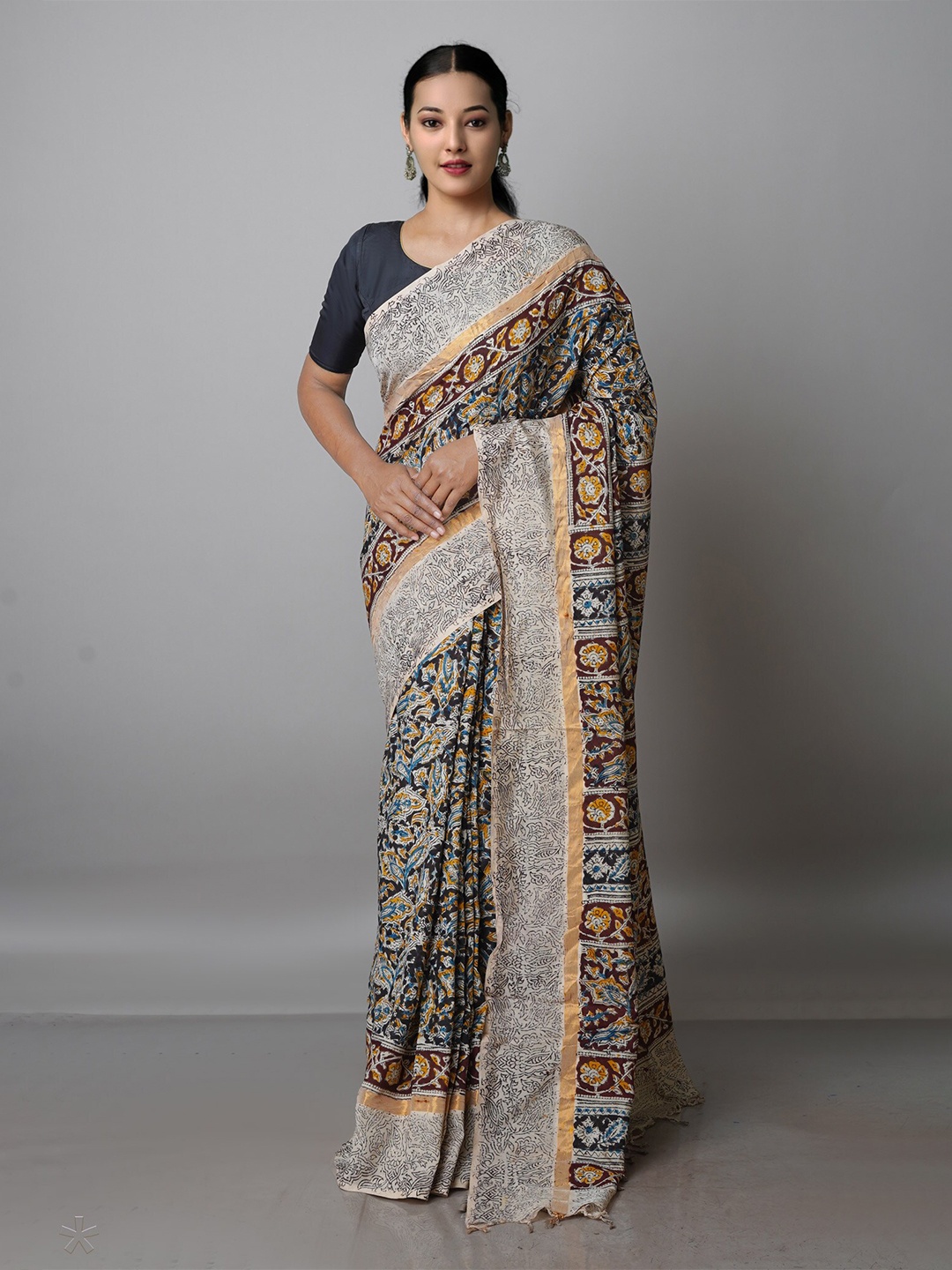 

Unnati Silks Kalamkari Zari Pure Silk Block Print Saree, Cream