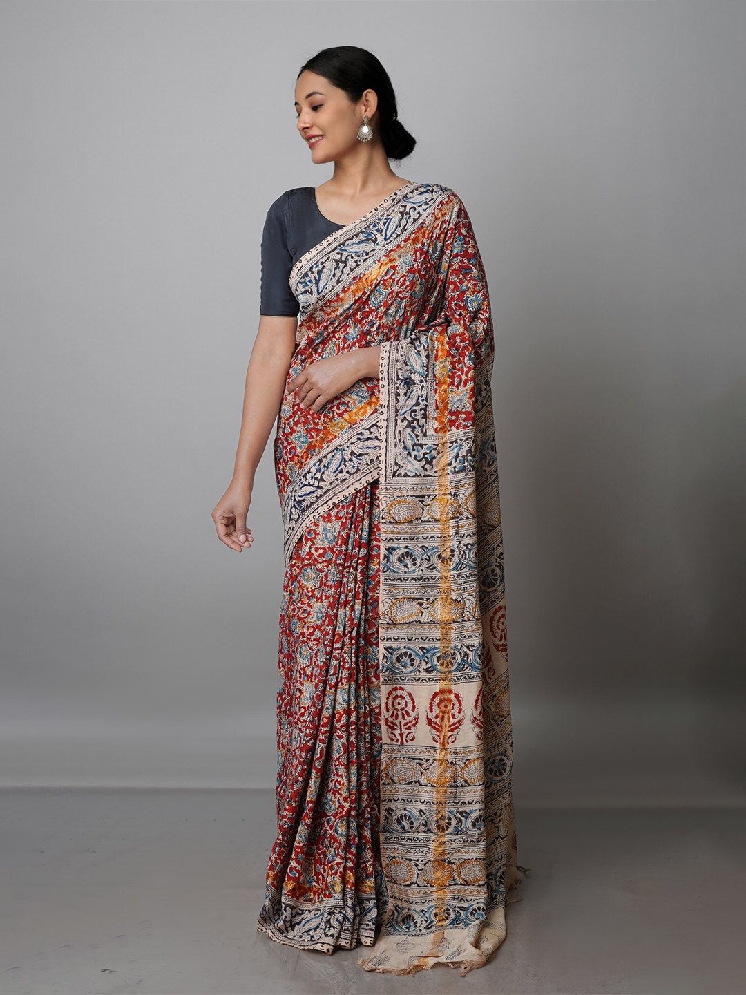 

Unnati Silks Kalamkari Zari Pure Silk Block Print Saree, Red