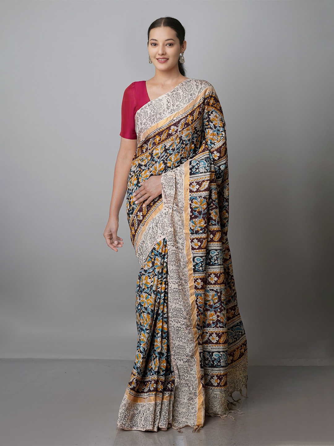 

Unnati Silks Kalamkari Zari Pure Silk Block Print Saree, Cream