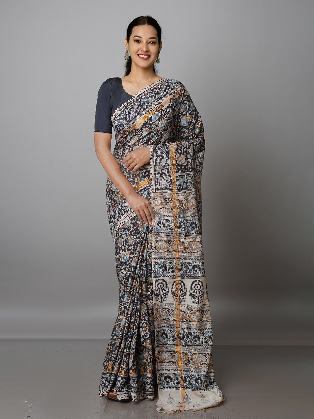 

Unnati Silks Kalamkari Zari Pure Silk Block Print Saree, White