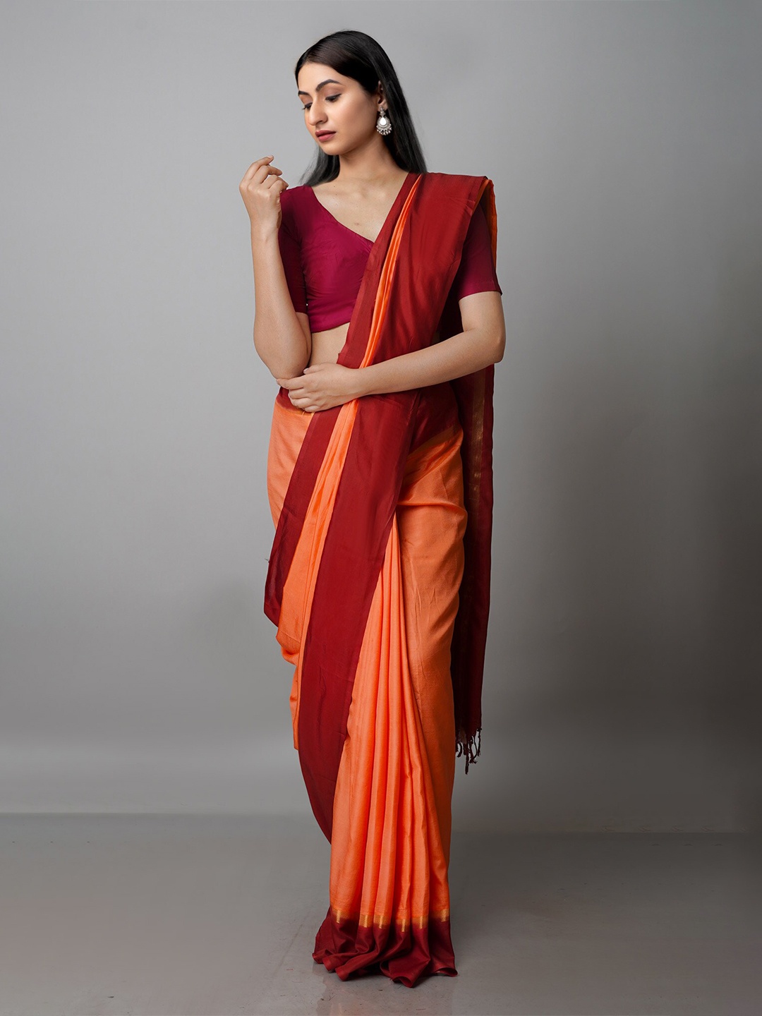 

Unnati Silks Orange Zari Silk Blend Mangalagiri Saree