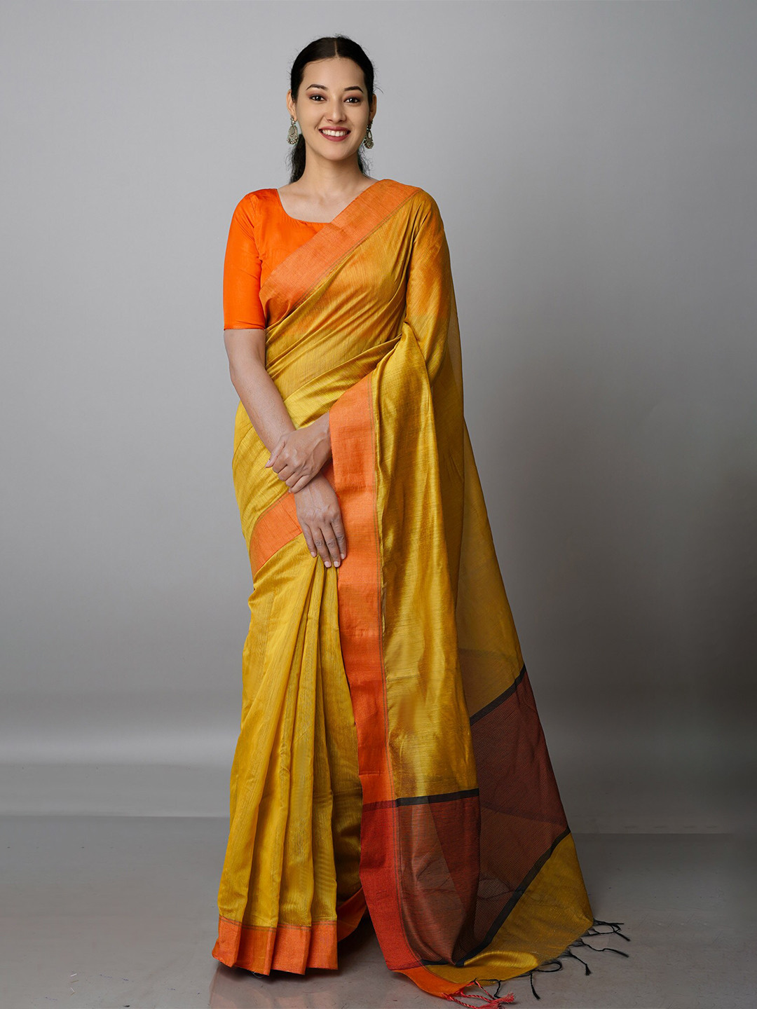 

Unnati Silks Yellow & Orange Zari Silk Cotton Chanderi Saree