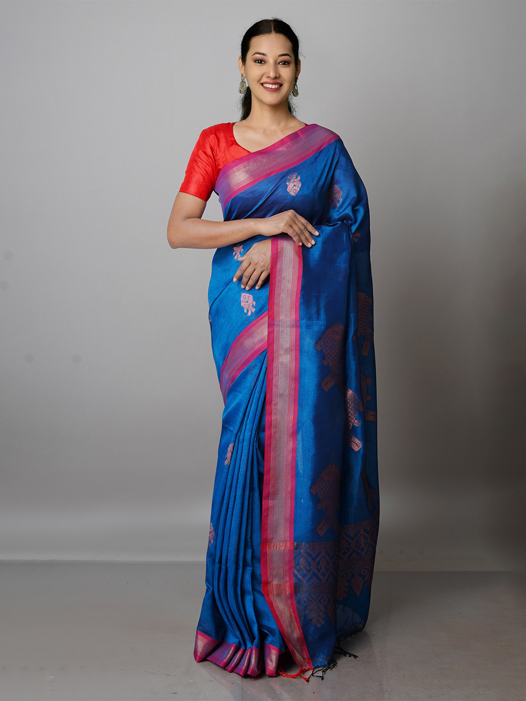 

Unnati Silks Ethnic Motifs Zari Pure Silk Jamdani Saree, Blue