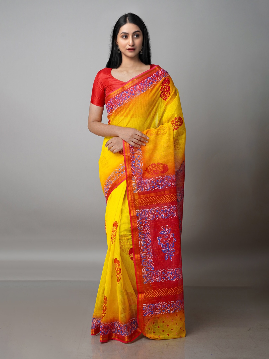 

Unnati Silks Yellow & Orange Ethnic Motifs Zari Pure Cotton Kota Saree