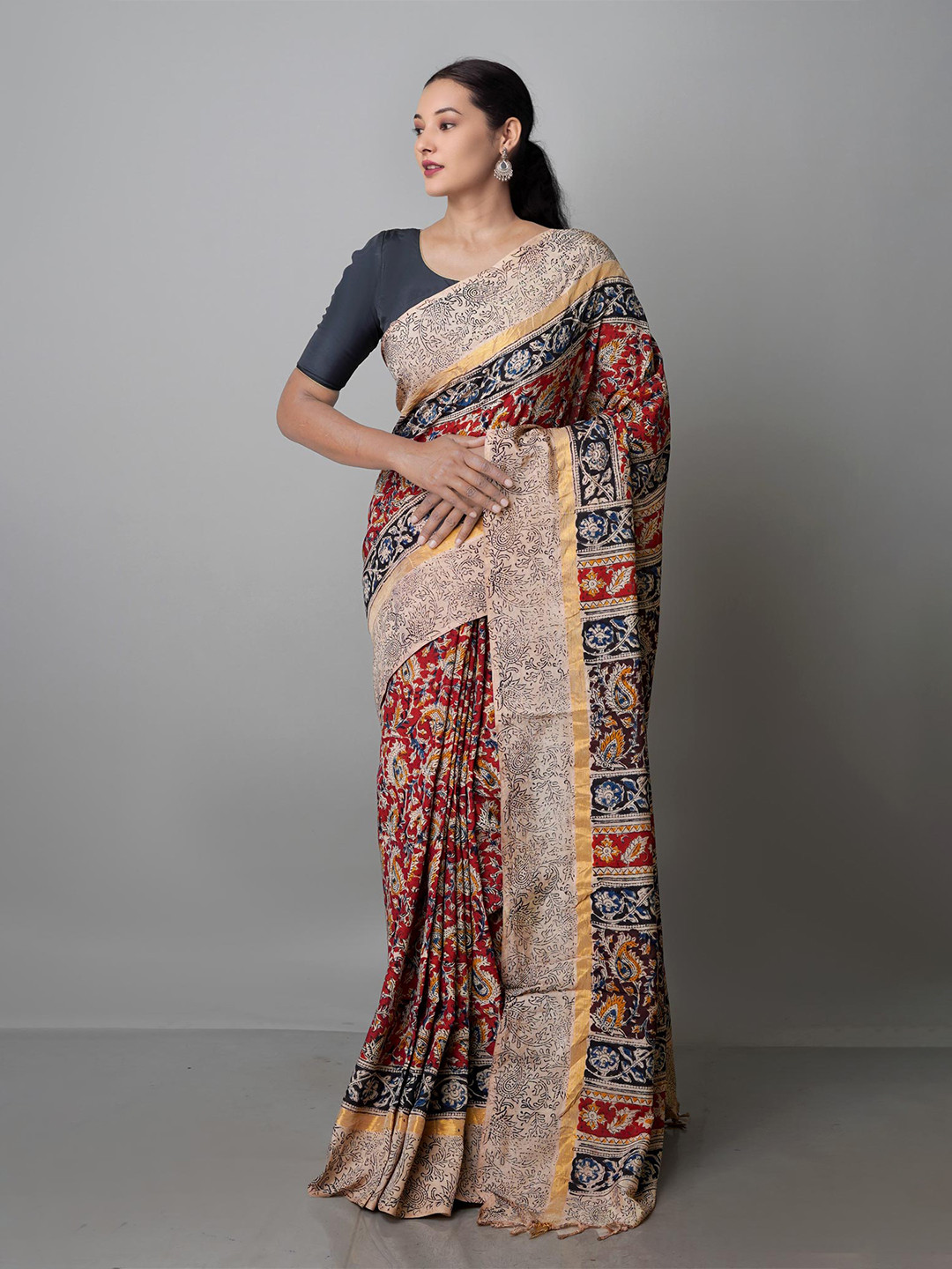 

Unnati Silks Red & Beige Kalamkari Zari Pure Silk Block Print Saree