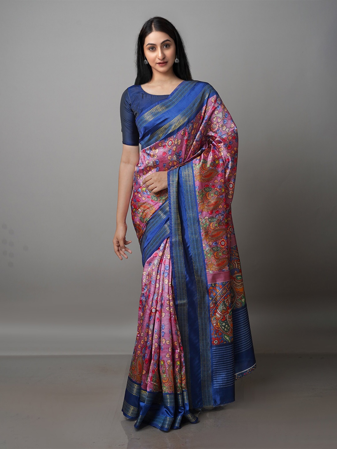 

Unnati Silks Peach-Coloured & Navy Blue Kalamkari Zari Silk Blend Block Print Saree