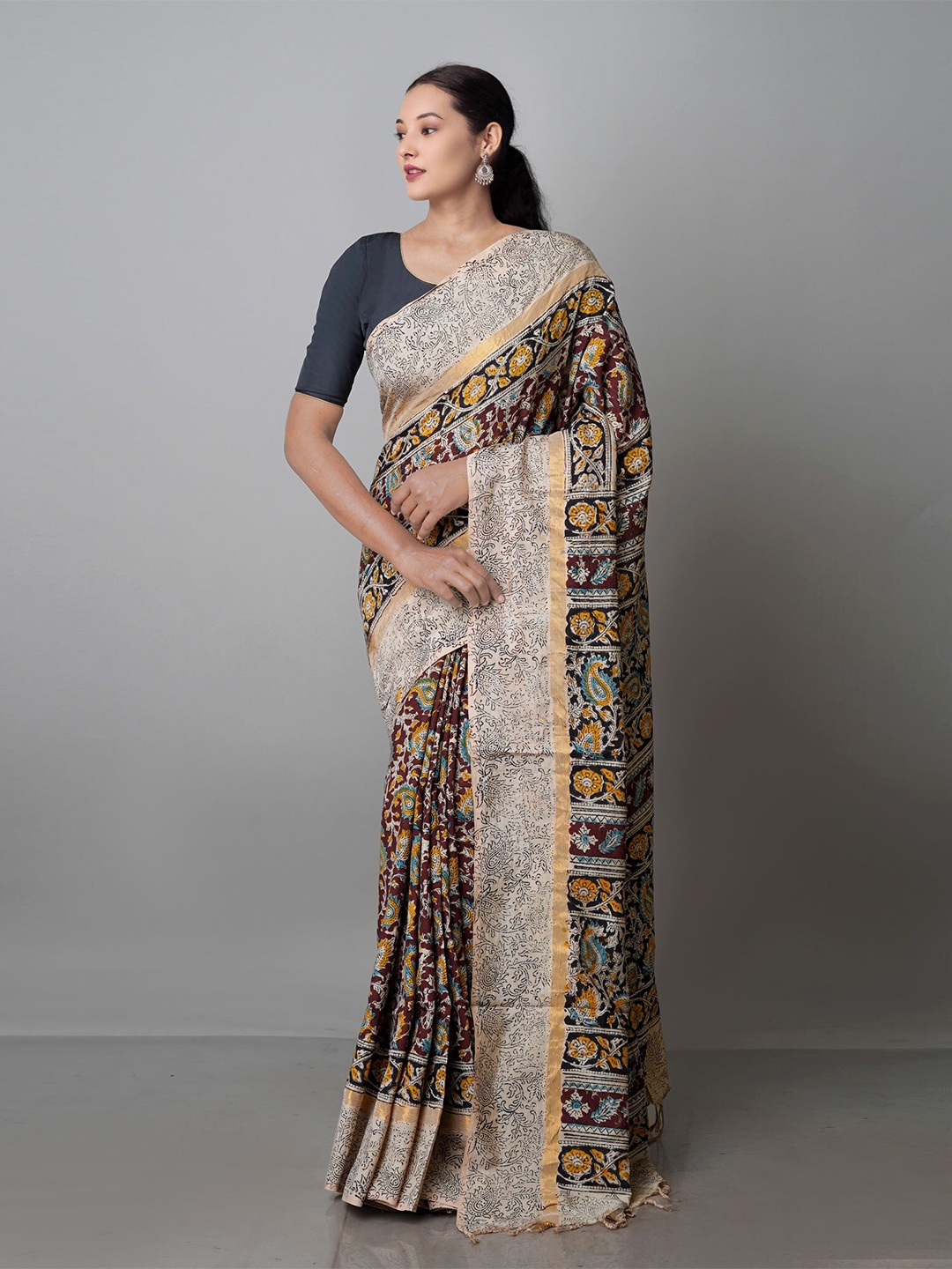 

Unnati Silks Kalamkari Zari Pure Silk Block Print Saree, Black