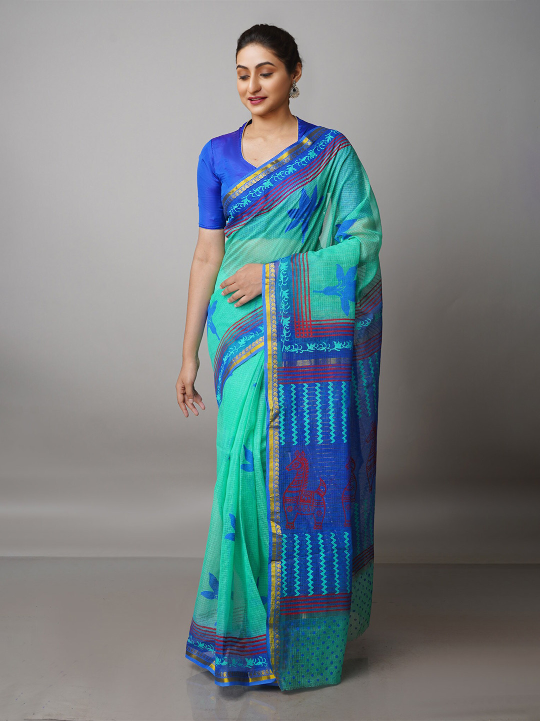 

Unnati Silks Green & Blue Ethnic Motifs Zari Pure Cotton Kota Saree