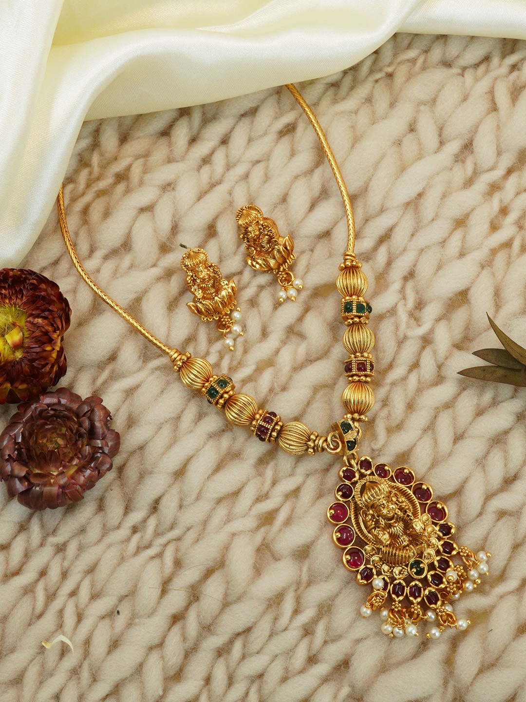 

GRIIHAM Gold-Plated AD Studded & Pearl Beaded Temple Jewellery Set