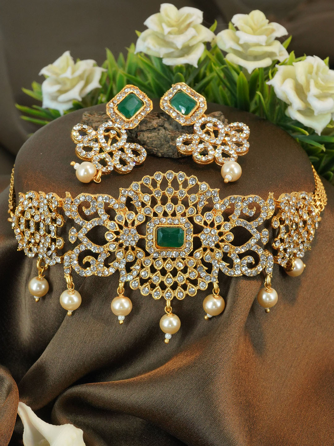 

GRIIHAM Gold-Plated AD-Studded & Beaded Jewellery Set