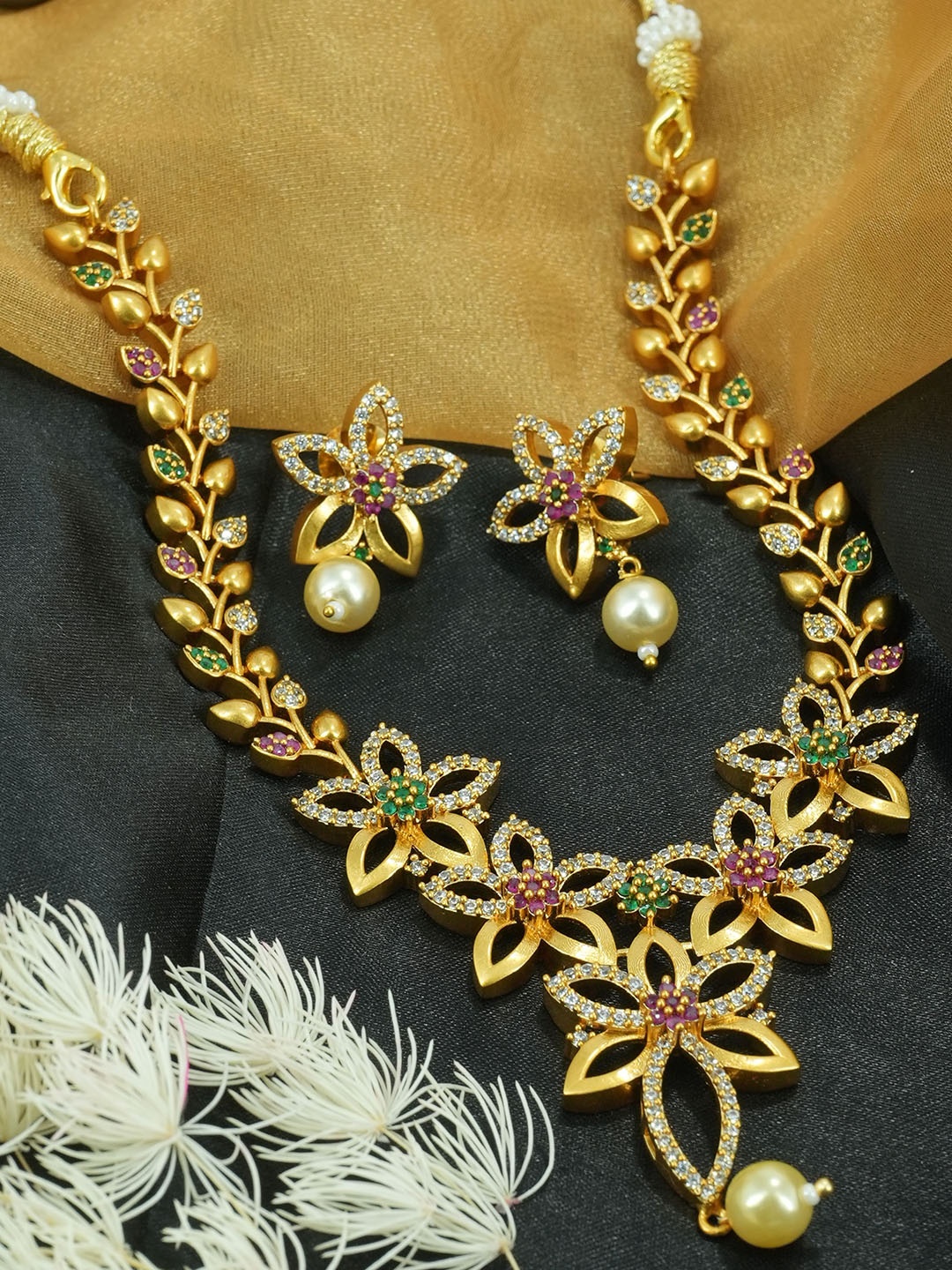 

GRIIHAM Gold-Plated CZ Studded & Beaded Jewellery Set