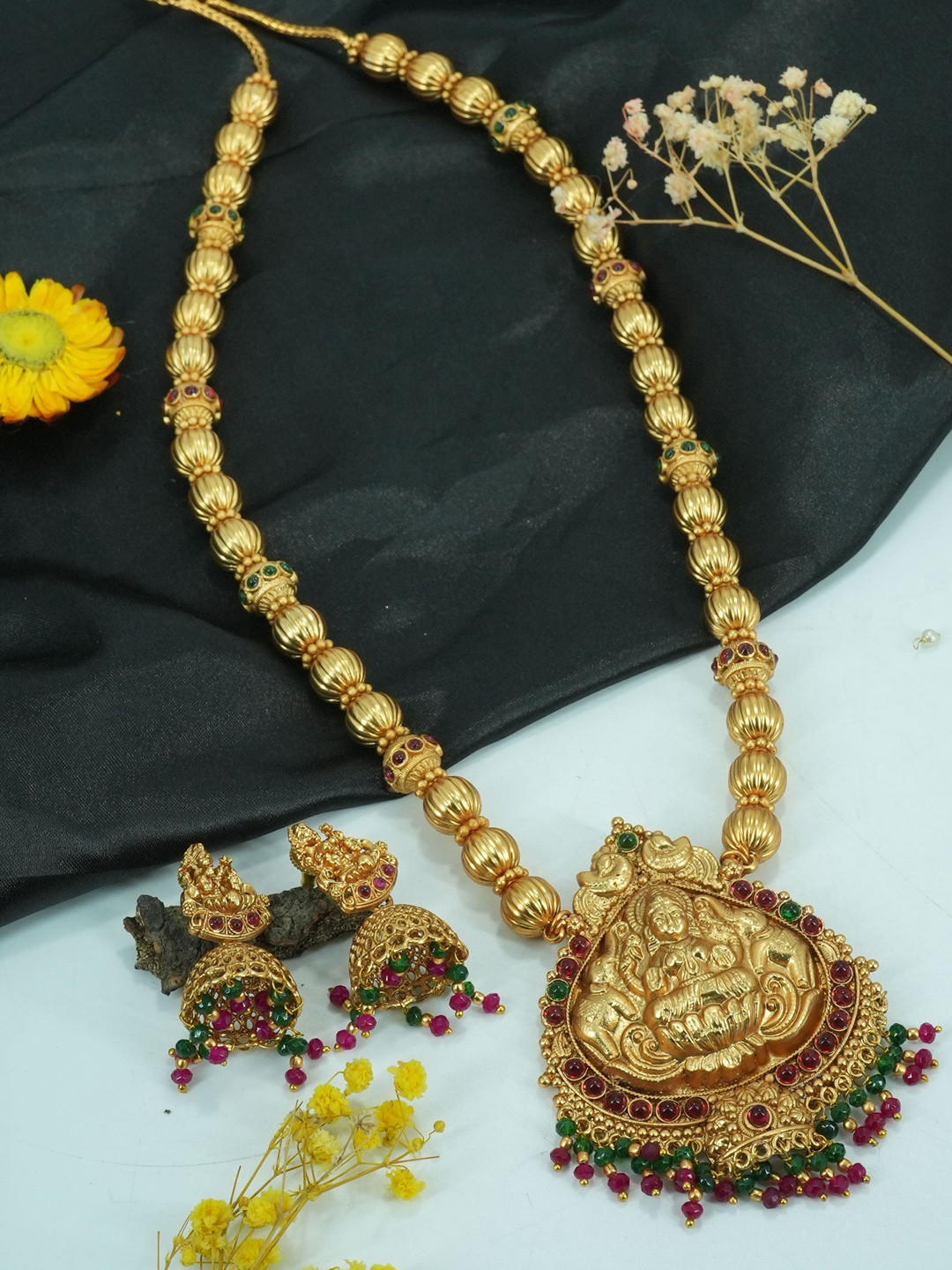 

GRIIHAM Gold-Plated CZ-Studded & Beaded Temple Jewellery Set