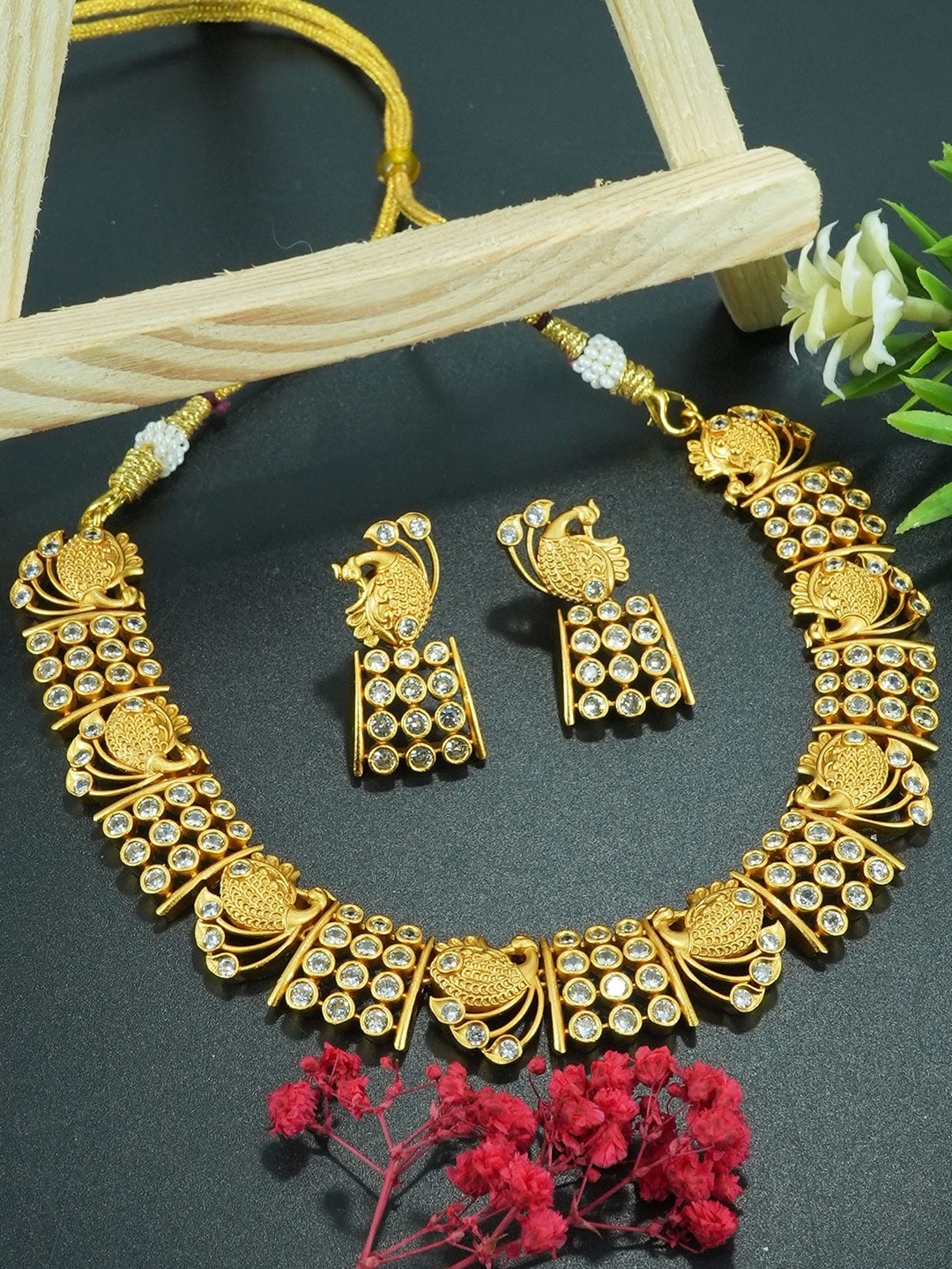 

GRIIHAM Gold-Plated CZ-Studded & Peacock Charm Jewellery Set